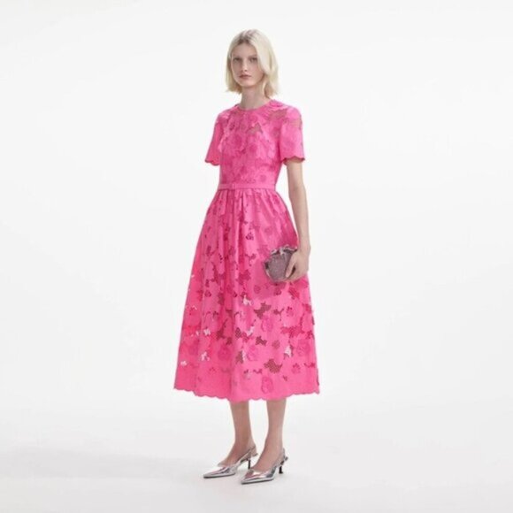 NEW Self-Portrait Cotton Lace Midi Dress Pink SS24 | UK 8  / US 4 - Picture 7 of 14